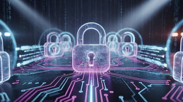 Cybersecurity lock animation with glowing padlocks, encrypted data pathways, secure network protection, digital access control and advanced cyber defense technology background