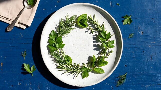 Generative AI image of fresh green herbs arranged in an imperfect circle on a white ceramic plate, with strong sunlight casting sharp shadows over a cobalt blue surface.