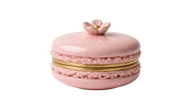 Pink ceramic macaron shaped trinket box with flower, isolated on transparent background