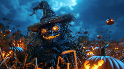 Fototapeta premium A scary scarecrow with glowing eyes and an open mouth standing in a dark pumpkin patch at night during Halloween. The creepy character features straw hair, a witch hat, and a spooky sinister smile. x
