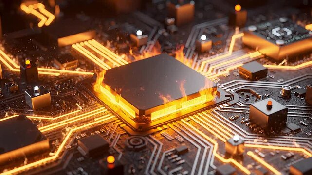 Processor animation with glowing orange circuitry, advanced semiconductor technology, high speed computing hardware and futuristic electronic innovation visualization video