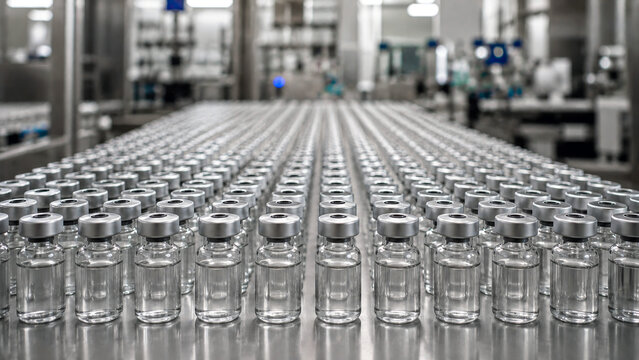Rows of glass vials on a pharmaceutical production line, showing medicine manufacturing, laboratory technology, healthcare, and industrial quality control