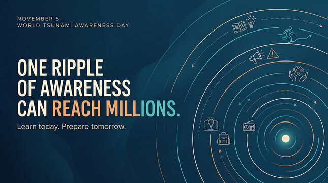 Abstract ripple awareness graphic features glowing concentric circles and icons symbolizing education preparation for tsunami emergency event.