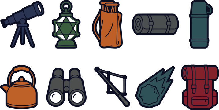 Cute Kawaii Outdoor Survival Gear Sticker Pack with Lantern Bedroll Telescope Camp Tools and Wilderness Icons
