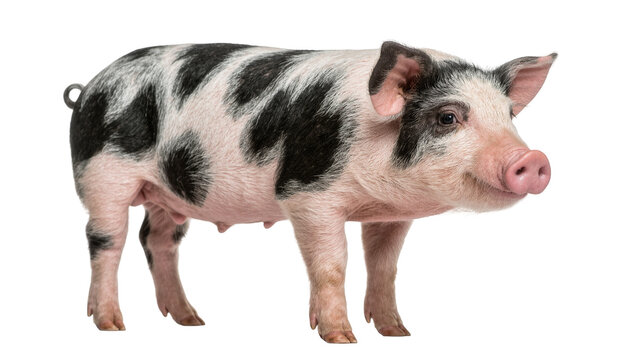 Spotted pig with black and pink markings, isolated on transparent background