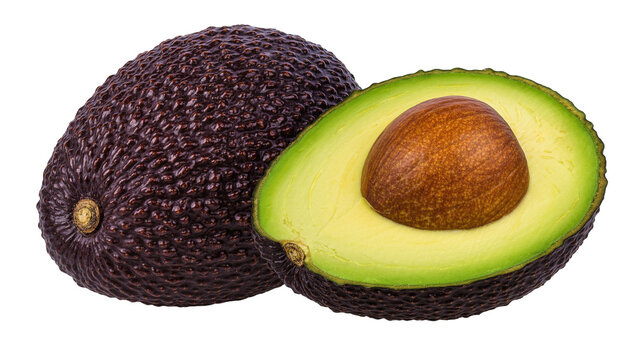Dark textured avocado whole and halved with large brown seed, isolated on transparent background