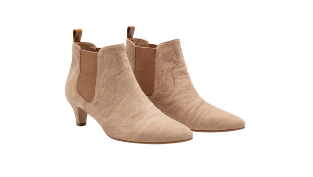 Beige suede pointed toe kitten heel ankle boots, isolated on transparent background