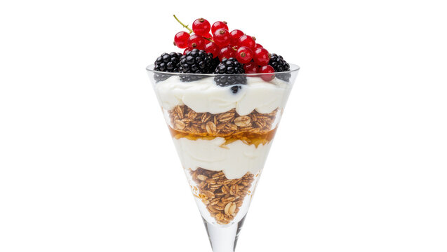 Layered yogurt parfait with granola honey blackberries and red currants, isolated on transparent background