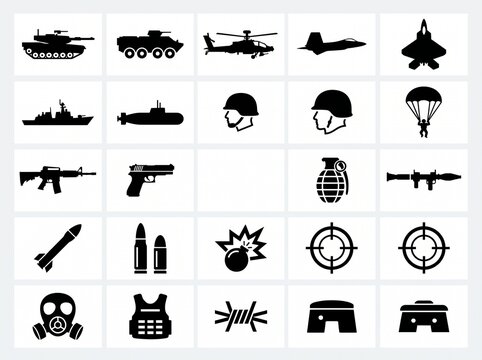 Set of military icons in clean vector style against a white background for technology and defense concepts
