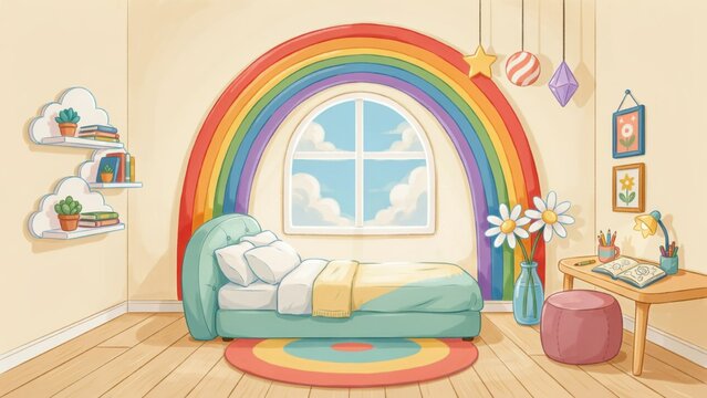 A cheerful cartoon children bedroom interior decorated with a vibrant rainbow wall