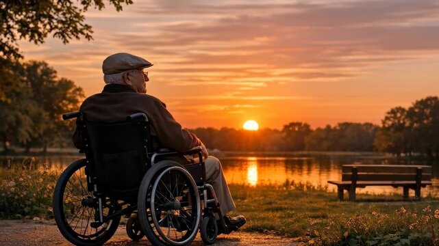 Elderly Man in a Wheelchair Watching Sunset Over Lake