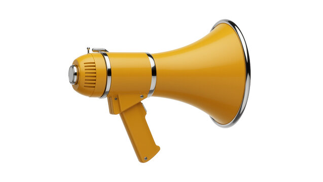 Yellow megaphone with chrome accents, isolated on transparent background