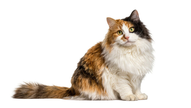 Fluffy calico cat with distinct patches of orange black and white fur, isolated on transparent background