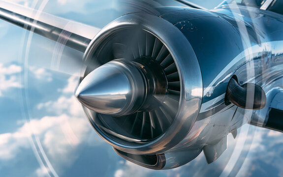 Close-up view of rotating propeller engine of twin turbo light airplane. Side view of spinning blades