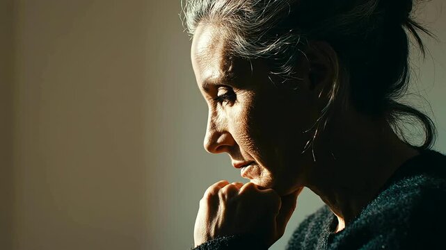 Mature woman reflecting in deep thought during this cinematic slow motion video clip showing lighting casting dramatic warm facial shadows