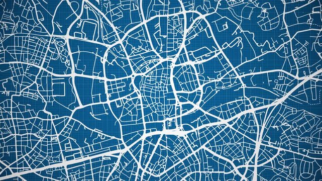 Ink reveal animation of Essen city, state of North Rhine-Westphalia, Germany, grid map. Aerial top view. Blueprint style. White lines with blue background. 4K Seamless loop.