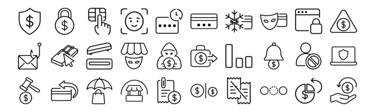 Payment Fraud Prevention, Card Security and Transaction Risk Management Outline Icon Set