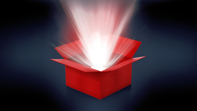 Red cardboard box with glowing light ray standing out. 3D illustration