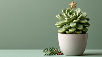 Obraz premium Whimsical Christmas plant photo of a succulent decorated with tiny star, pastel green.