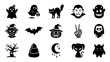 Obraz premium Set of Halloween vector icons featuring ghosts, pumpkins, bats, and spooky creatures