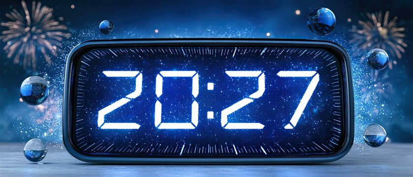 Digital clock displaying 20:27 with a blue background featuring fireworks and decorative spheres, symbolizing celebration and New Year's Eve festivities