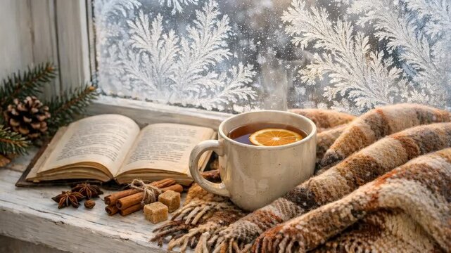 Cozy mug of tea with orange slice and open book by a frost-covered window