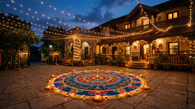 Decorated courtyard illuminated with fairy lights and oil lamps features a colorful rangoli design.