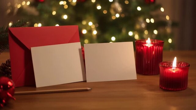 Blank Christmas Cards with Red Envelope Candles and Tree Lights
