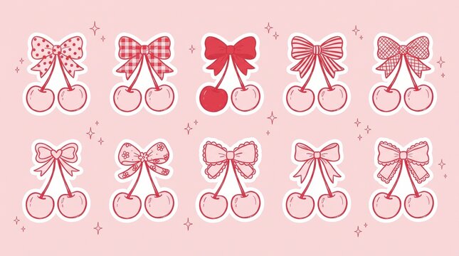 Sweet cherries with festive bows in a charming pink background with sparkling accents