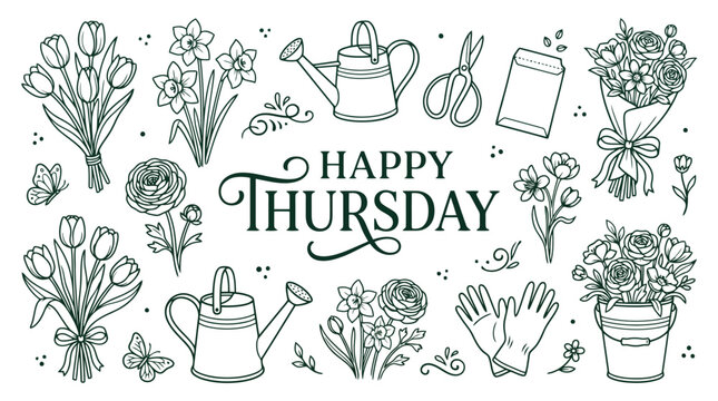 Hand drawn gardening line art collection, Happy Thursday floral vector set, botanical illustrations with watering can and flowers, spring garden elements