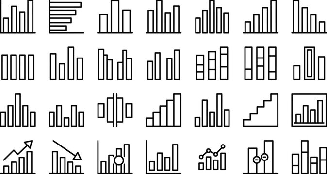 Bar chart and column graph line icon set, data analytics, business statistics and growth infographics