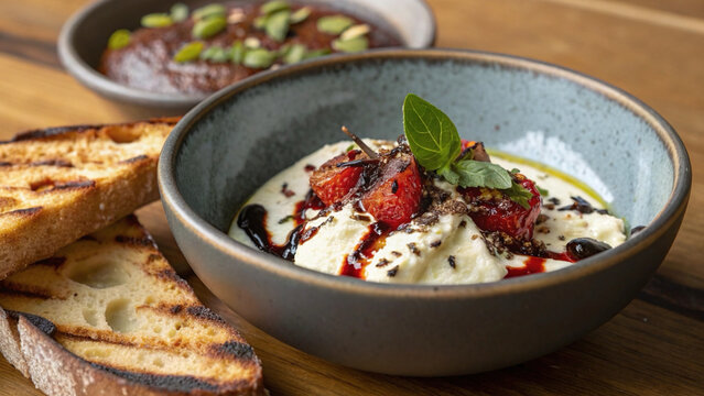 Photorealistic macro stracciatella with silky cheese, roasted cherries, pistachio crumble, balsamic and charred sourdough