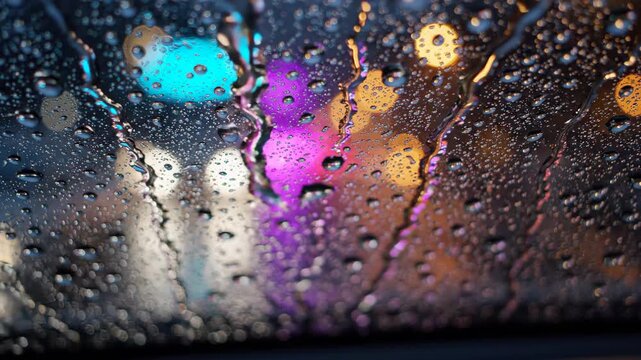 Close-up of rain droplets falling on a car windshield at night. Colorful blurred city lights creating a glowing bokeh background. Urban weather concept