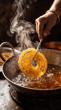 Jalebi is lifted from hot oil in a frying pan using metal tongs.
