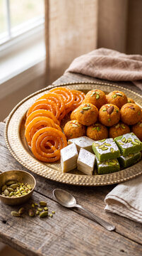 Indian sweets including jalebi, laddu, and kaju katli are arranged on a brass platter on a wooden table.