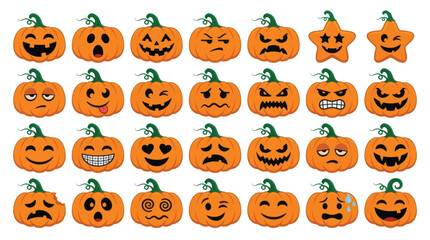 Obraz premium Vibrant vector illustration featuring multiple orange pumpkins with diverse expressions for seasonal holiday decorations and festive autumn graphic design projects