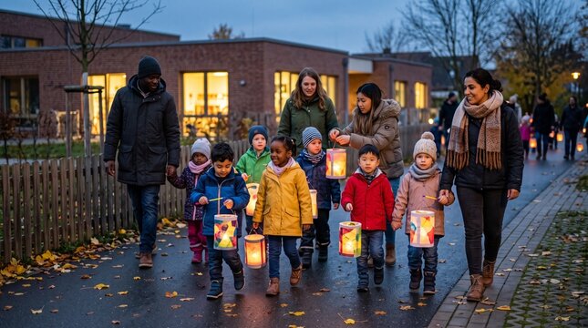 Multicultural kindergarten group at a St Martin lantern walk