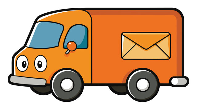 Orange cartoon delivery van with a mail envelope icon for postal service and shipping logistics concept isolated on white background