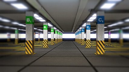 Obraz premium Empty parking lot with signs and guidelines. 3D illustration
