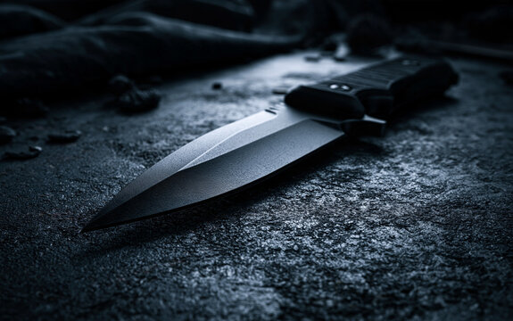 A sleek, black tactical knife rests on a dark, textured surface against a dramatic, low-key background.