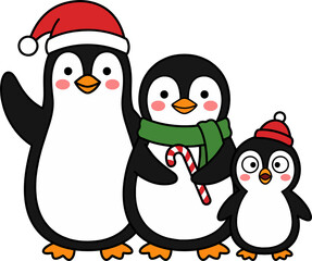 Fototapeta premium Penguin family trio with Santa hat and candy cane