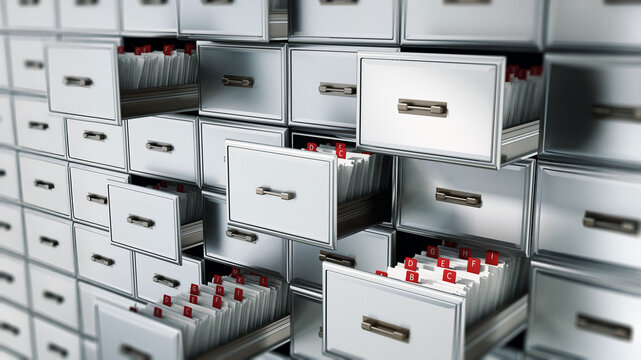 Library catalogue wooden drawer with letters. 3D illustration