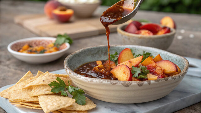 Photorealistic macro peach chipotle sauce showing glossy folds, charred peach, paprika, cilantro and toasted corn textures
