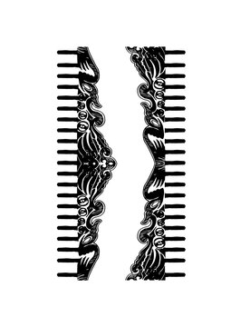 monochrome vector illustration set featuring ornate black and white gothic tribal borders with comb-like fringe edges and intricate filigree scrollwork