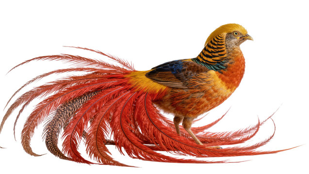 Golden Pheasant with long red tail feathers, isolated on transparent background