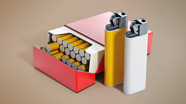 Cigarette box and lighters isolated on yellow background. 3D illustration