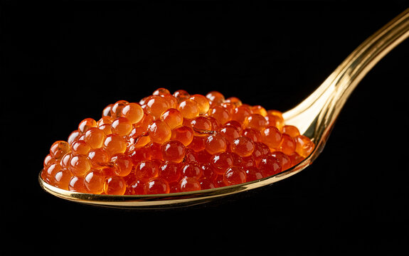 Orange salmon roe is piled on a golden spoon against a black background.