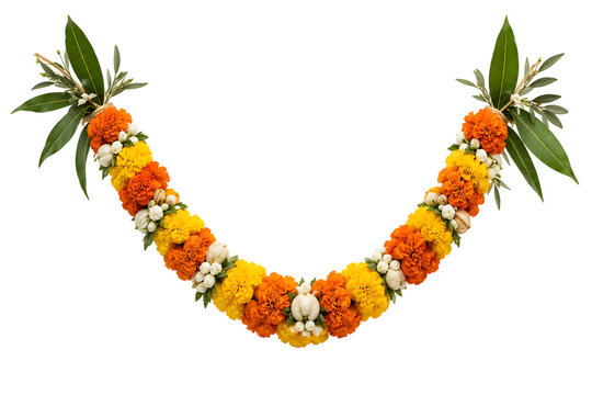 Traditional marigold flower garland with mango leaves jasmine decoration for festive hindu celebration durga puja isolated on a transparent background