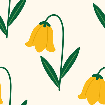 Large Yellow Bellflower Seamless Pattern Cute Hand Drawn Spring Botanical Floral Texture for Fabric Print