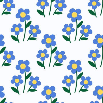 Cute Small Blue Flowers Seamless Pattern Hand Drawn Meadow Floral Texture for Girl Dress and Wallpaper